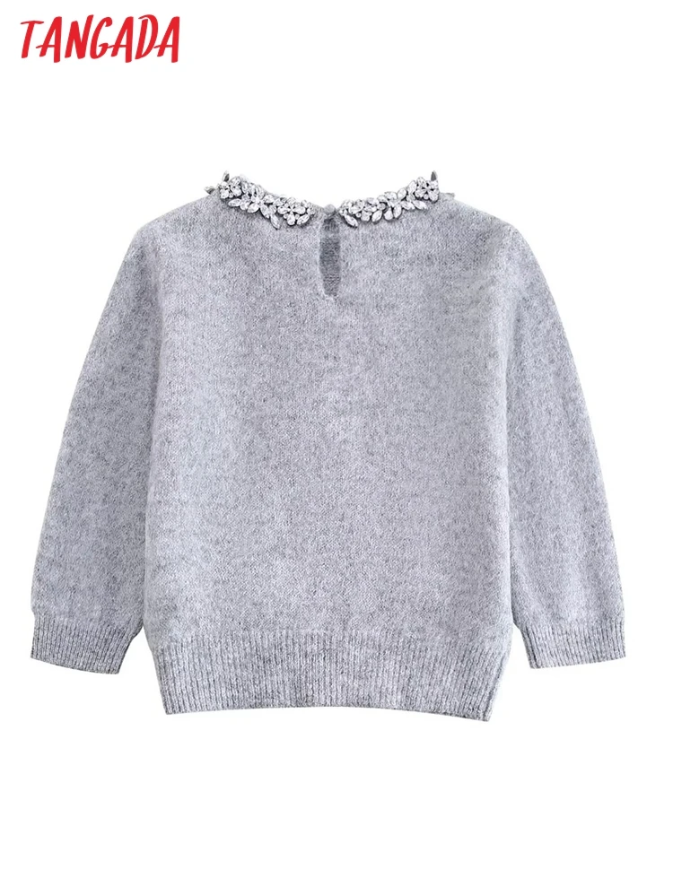 Tangada 2024 Women Beading Gray Knit Sweaters Short Sleeve Female Spring Jumper BE003