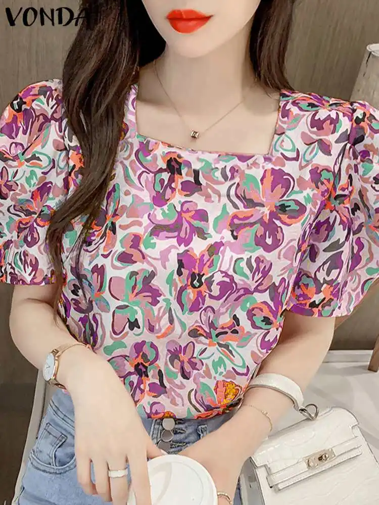 Bohemian Floral Printed Tops Summer Blouses 2024 VONDA Women Fashion Casual Short Sleeve Square Collar Shirts Vintage Blusas