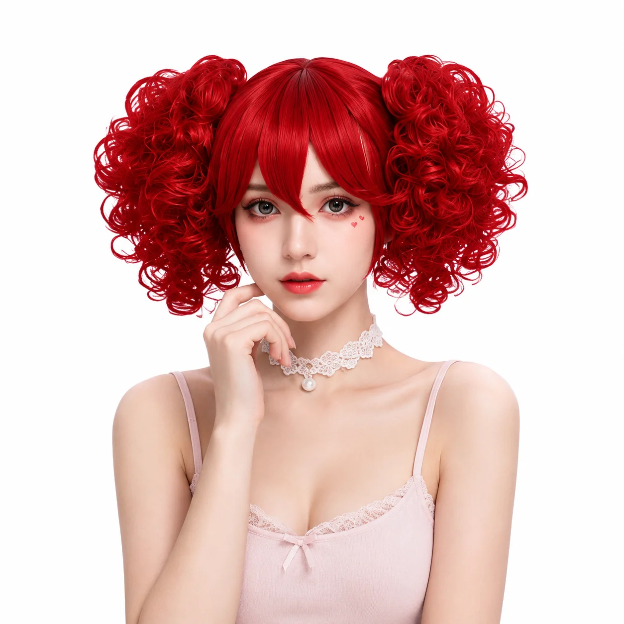 

Bright Red Curly Double Ponytail Synthetic Cosplay Wig Bangs Fluffy Pigtail Hairpiece Halloween Comic Con Anime Themed Party Cos
