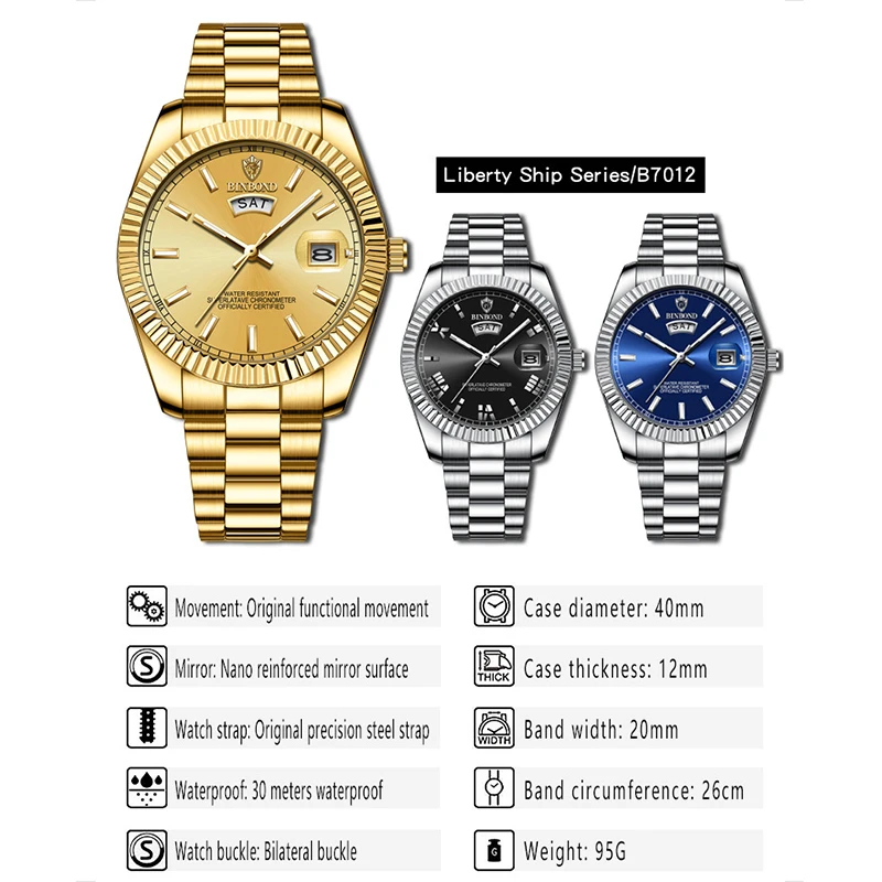 Reloj de cuarzo BINBOND para hombre, marca deportiva, acero inoxidable resistente al agua, fecha y día, pulsera 5