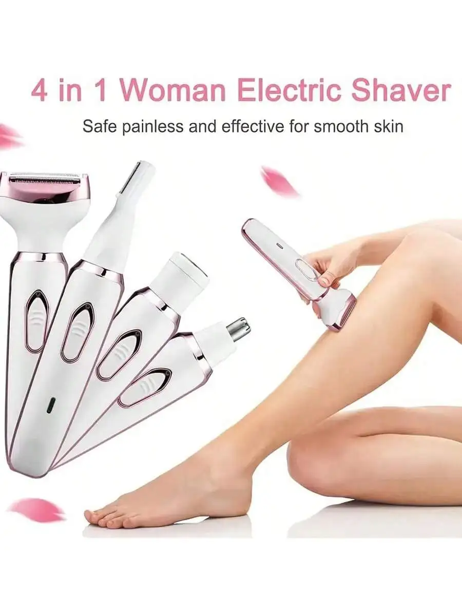 4-in-1 Rechargeable Electric Lady Shaver Set - 500mAh Portable Wet/Dry Trimmer for Face, Nose, Legs & Underarms