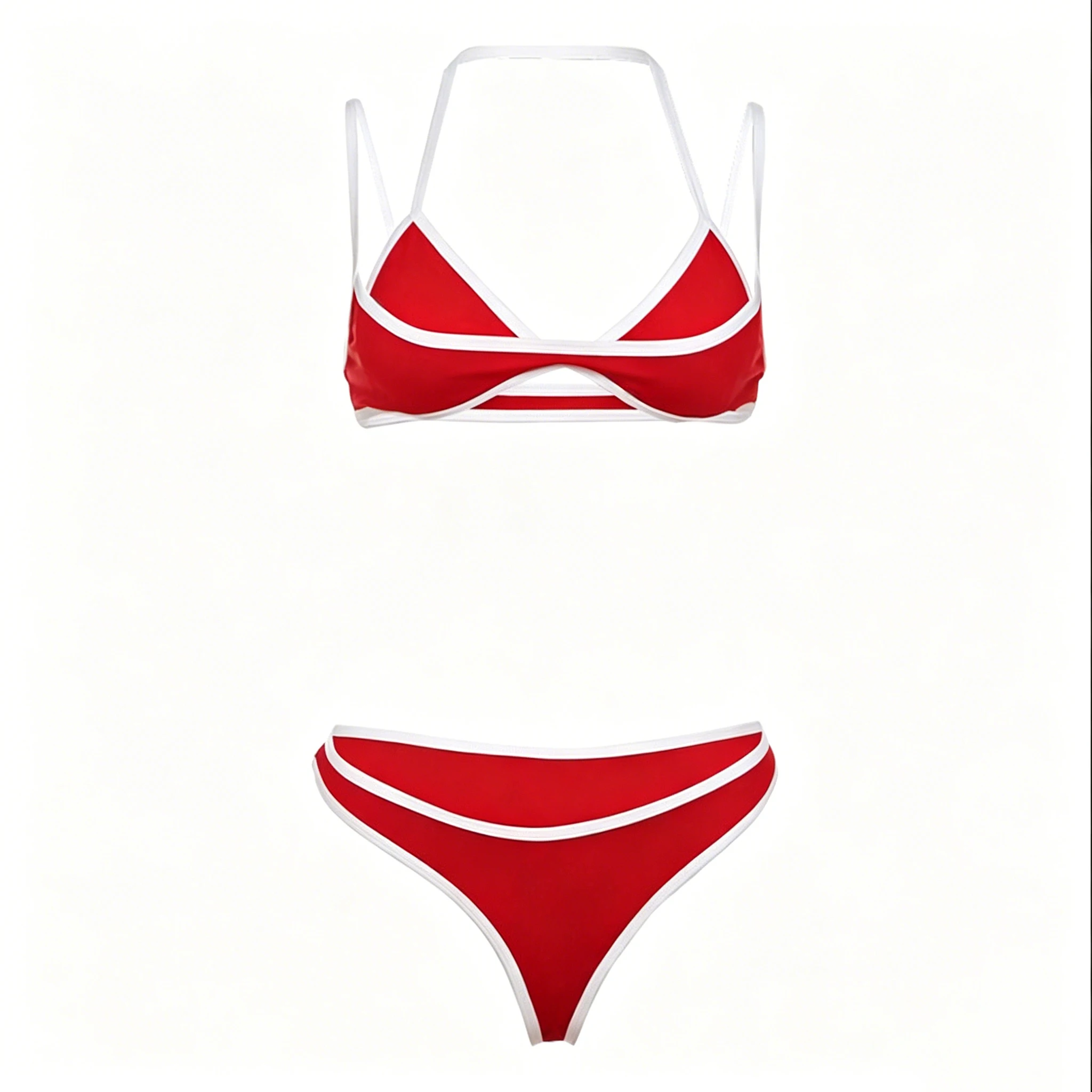 

Women Red White Trim Halter Bikini Set Two Piece Swimsuit High Cut Beachwear 2026