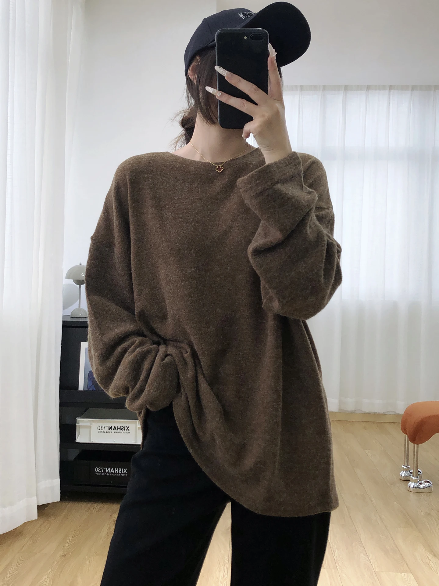 

Ultra Soft Thiened Rabbit Fur Casual Color Loose Lazy Sle Large Board T-irt Women Autumn Winter Mid-Length Top