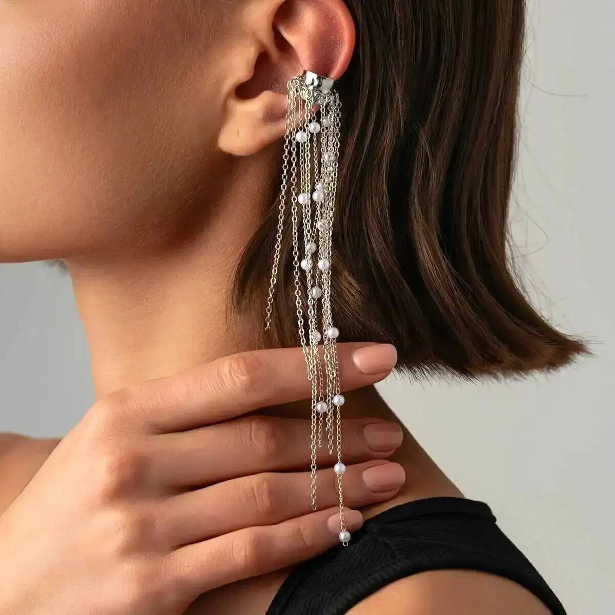 KunJoe 1Pc Elegant Long Tassel Imitation Pearl Ear Cuff Clip Earrings Women Vintage No Piercing Required Jewelry Accessory Gift
