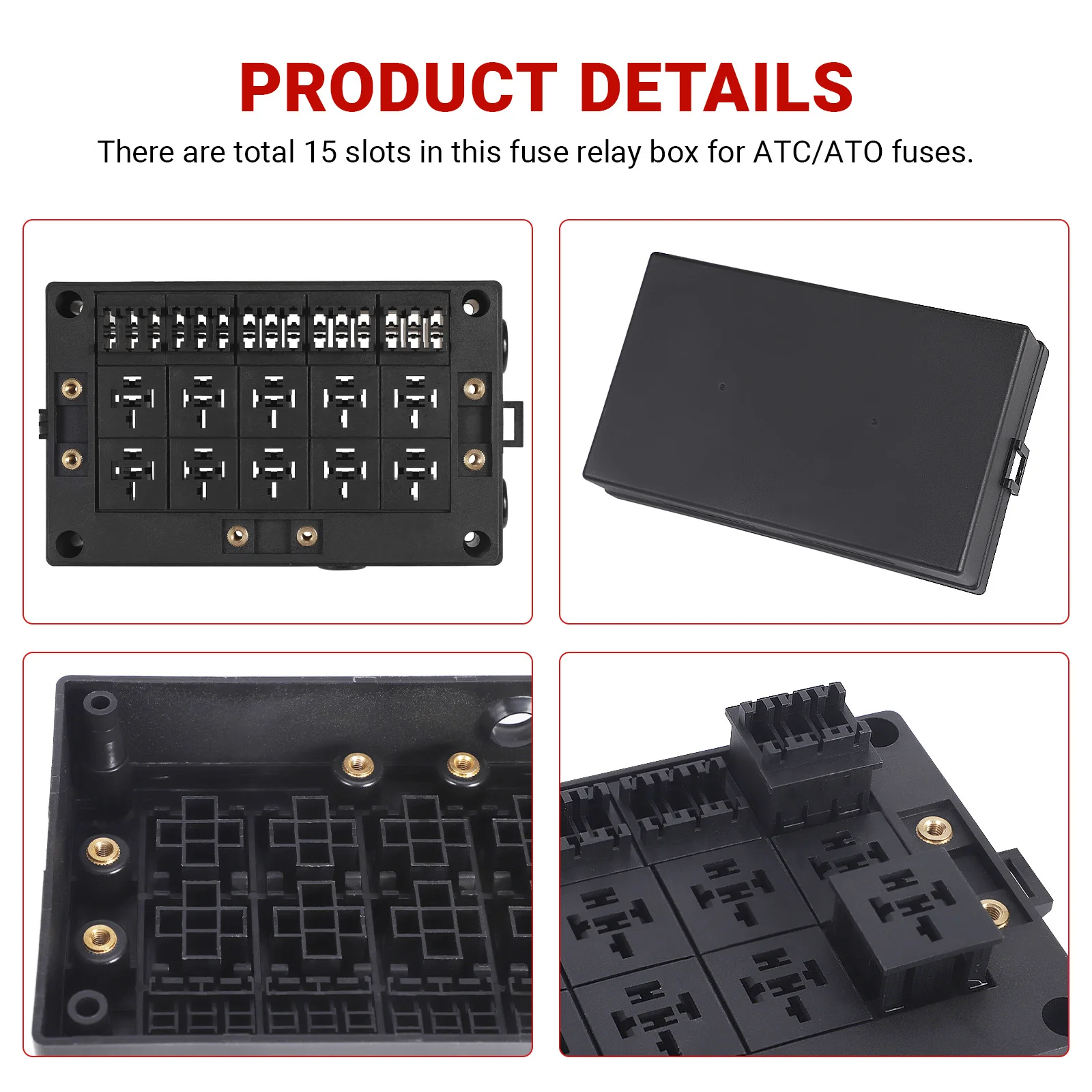 

Car Relay Box 10 Way 12V Fuse Box 15 Way Blade Fuse Holder Block Black Plastic For Auto Marine SUV Truck With Copper Terminals
