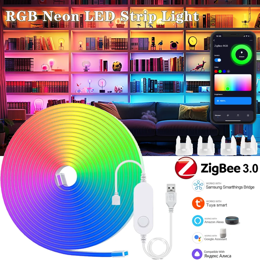 Zigbee3.0 5V USB RGBIC Neon LED Streifen 1M 2M 3M 5M IP65 RGBIC Neon Lampe Band Küche Schrank TV Zimmer Nachtlicht für Tuya Alexa