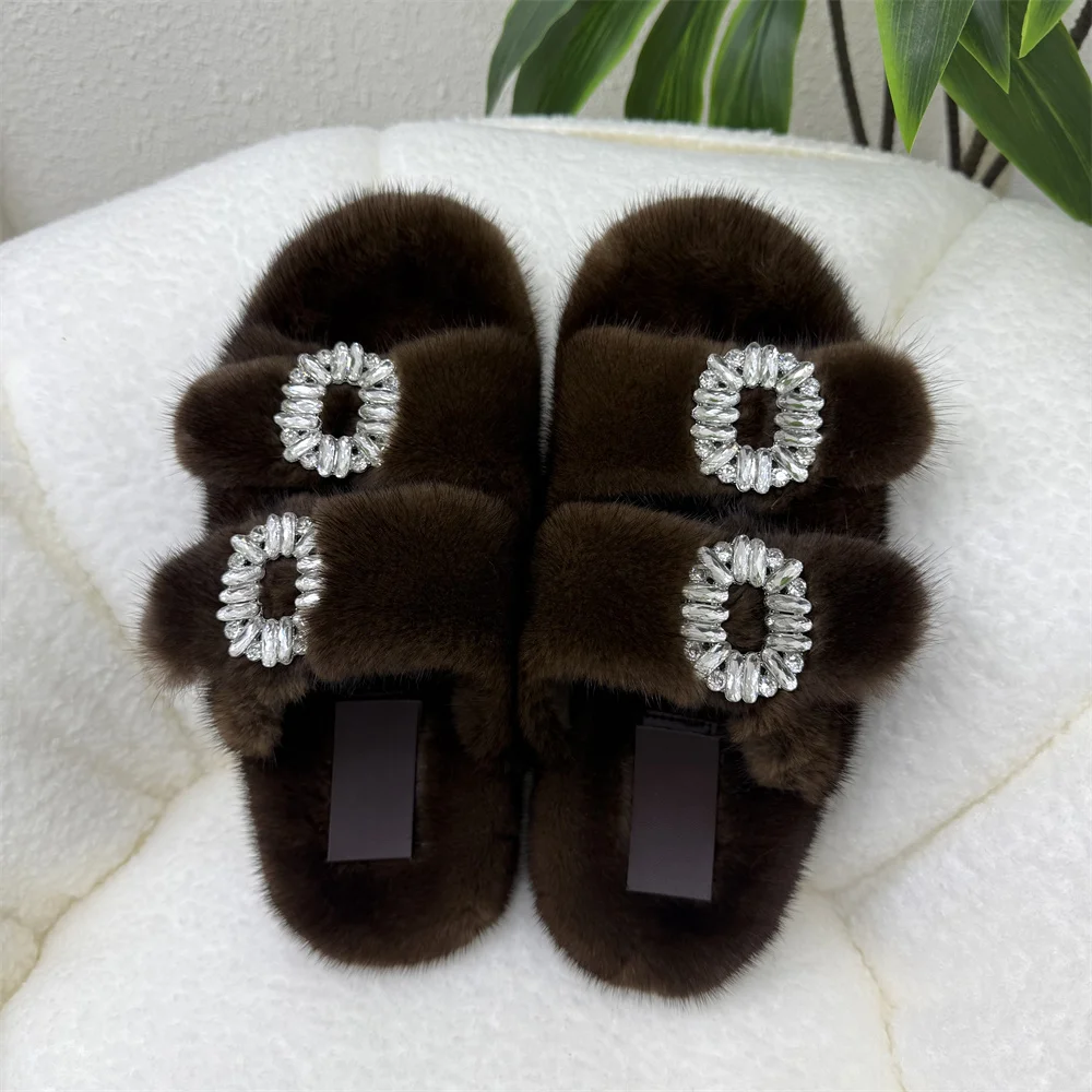 Echte Nerzfell-Damen-Slipper mit doppeltem Riemen, glänzender Strass-Schnalle, luxuriöse, flauschige Sandalen, warme Winter-Hausschuhe für drinnen und draußen, flache Schuhe – Detail 4