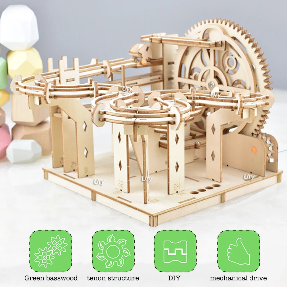 Ury 3d Holz puzzles Katapult Track Gerät Marmor Run Set mechanische manuelle Modell Wissenschaft Labyrinth 4 Ball Montage Spielzeug Geschenk für Kind