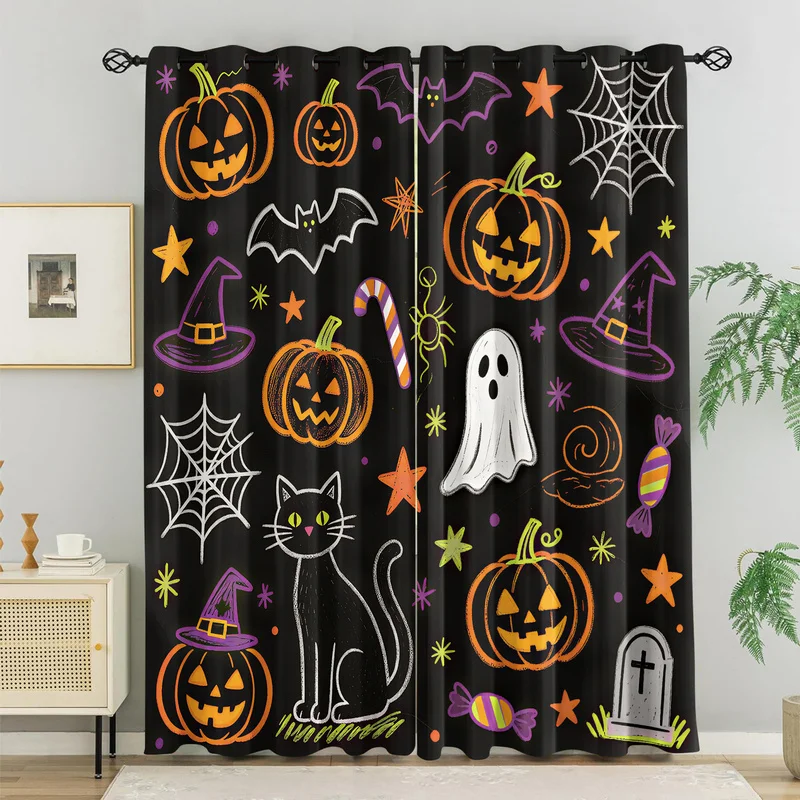 Cute Halloween Print Curtain Cartoon Ghost Black Cat Pumpkin Tombstone Window Drapes Kawaii Bedroom Living Room Decor Party Gift