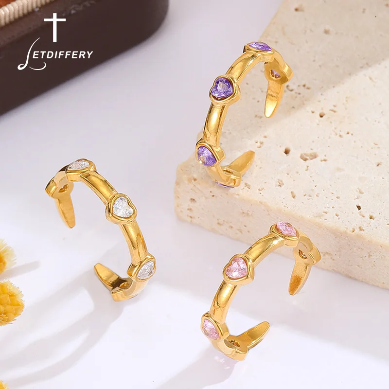 Letdiffery Vintage Colorful Zircon Heart Rings for Women Stainless Steel Adjustable Stacking Ring Love Crystal Open Ring Jewelry