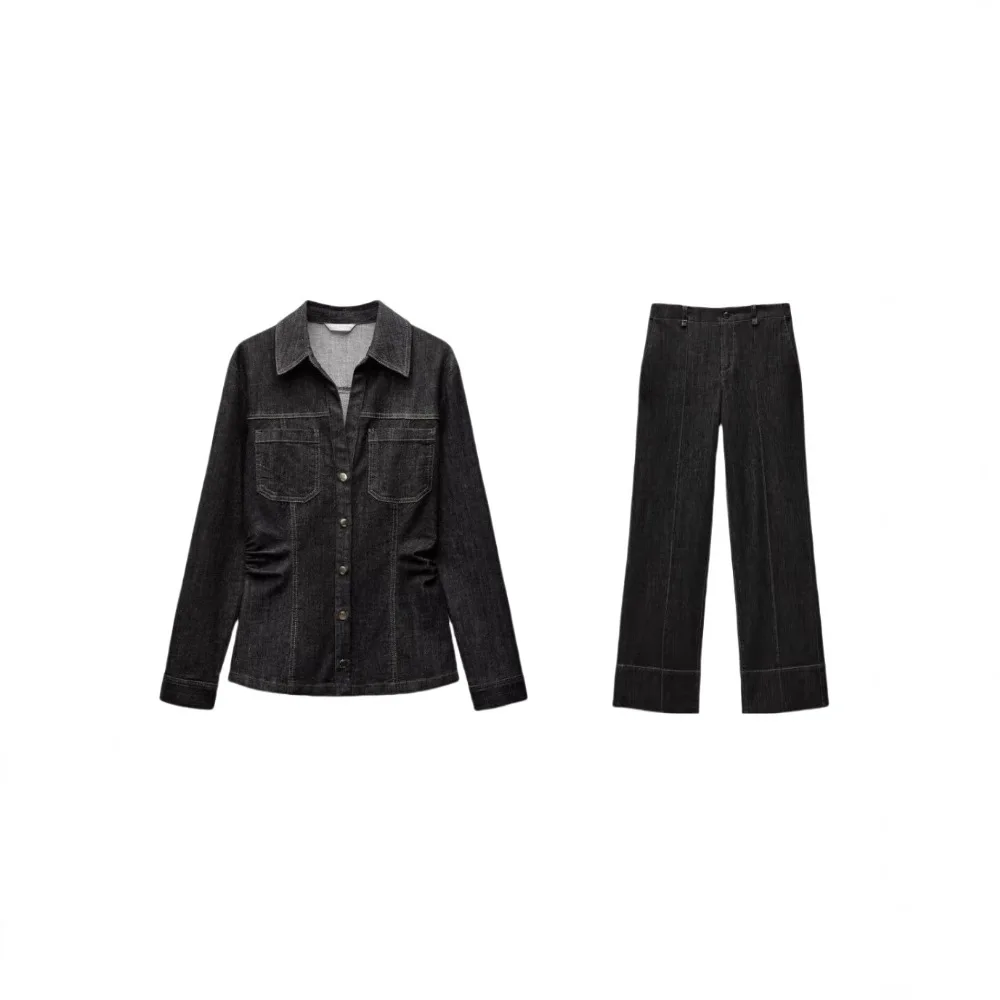 

Bright Line Decorative Long-sleeved Pocket Single-breasted V-neck Pleated Slim-fit Shirt Jacket Casual Trousers Denim Suit 2026