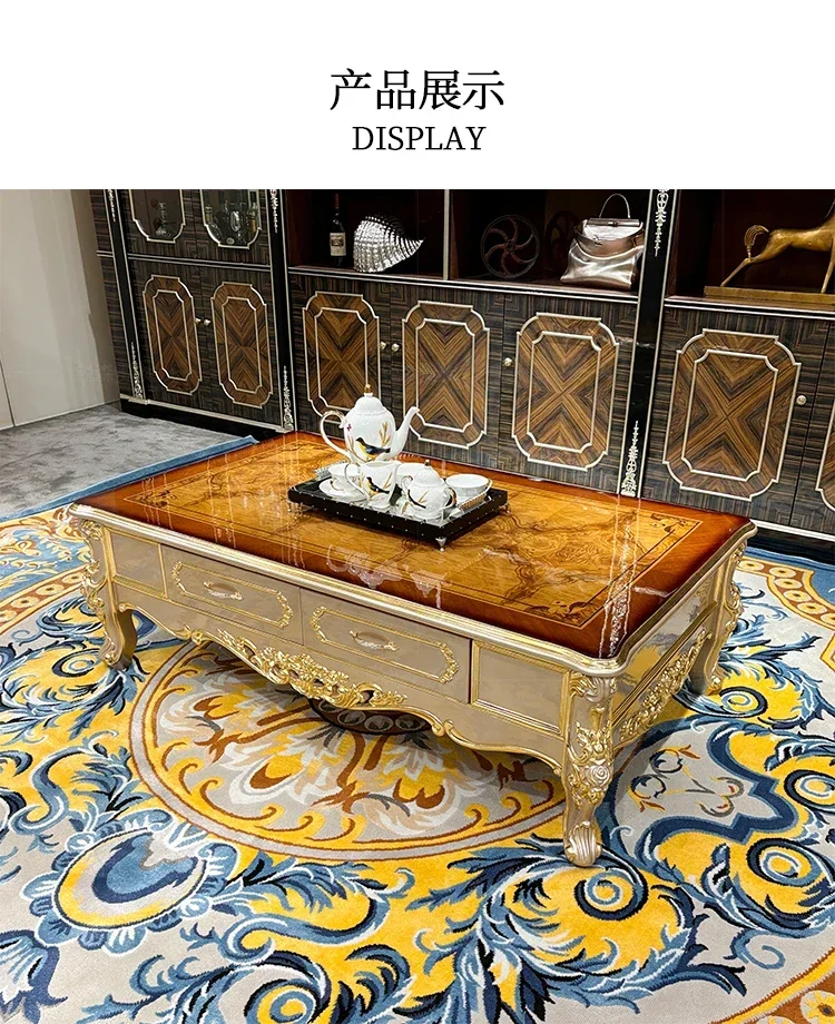 

French solid wood large coffee table European luxury carved large tea table villa small apartment tea table living room home