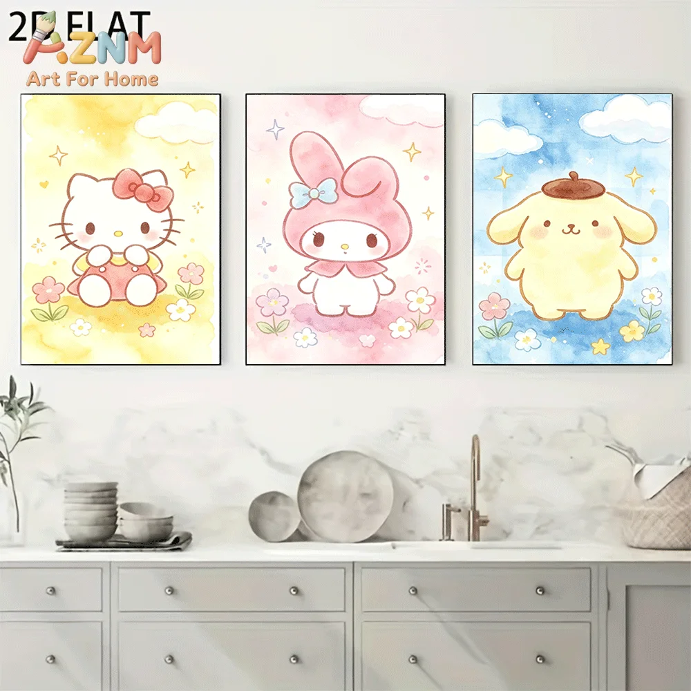 AZNM Sanrio Characters Canvas Wall Art Unframed Cute Cartoon Print Poster Hello Kitty My Melody Pompompurin Watercolor Flower St