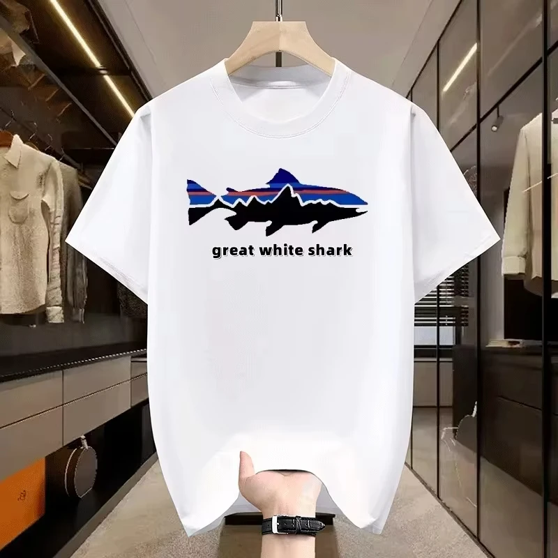 

2025 Summer pure cotton short-sleeved T-shirt a classic outdoor top for both men and women loose and breathable with shark print