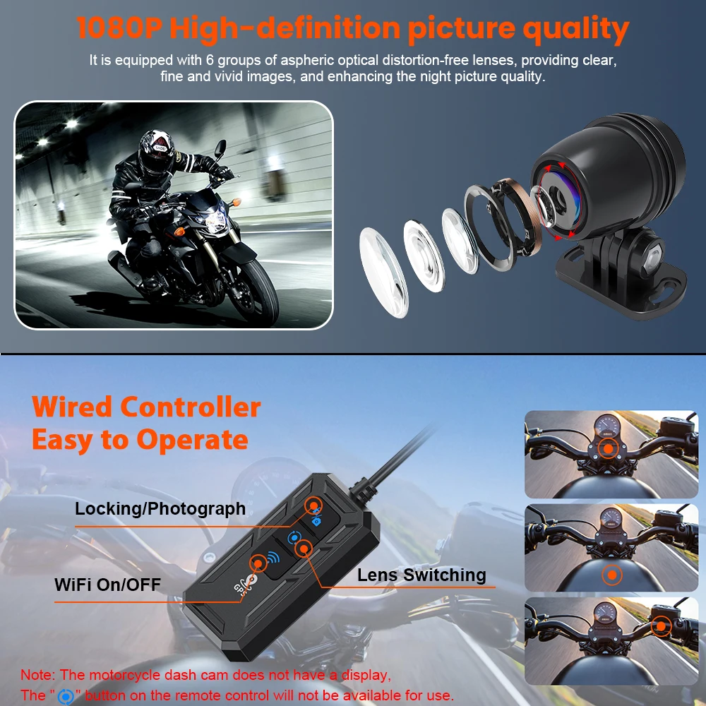 دراجة نارية مزدوجة 1080P بدون شاشة DVR مقاوم للماء 67 عمل كاميرا مسجل الرؤية الأمامية والخلفية دراجة نارية داش كام واي فاي الاتصال الذكي