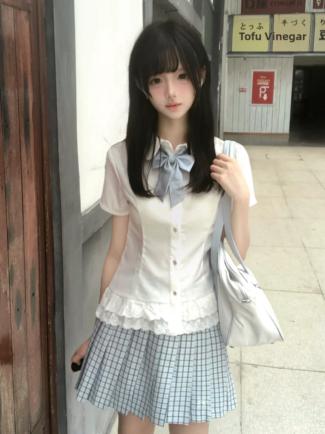 Original Grey Blue Plaid Skirt JK Uniform Style Spring Autumn Women's  Skirt School Uniform Wind  Knot Design