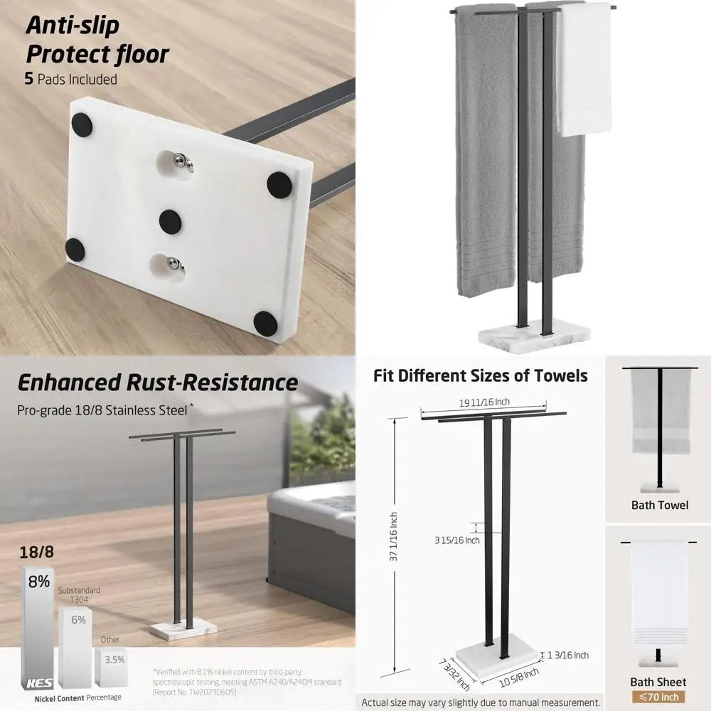 

37 High Equal Height Towel Rack Stand with Marble Base, Matte Black Stainless Steel for Bathroom