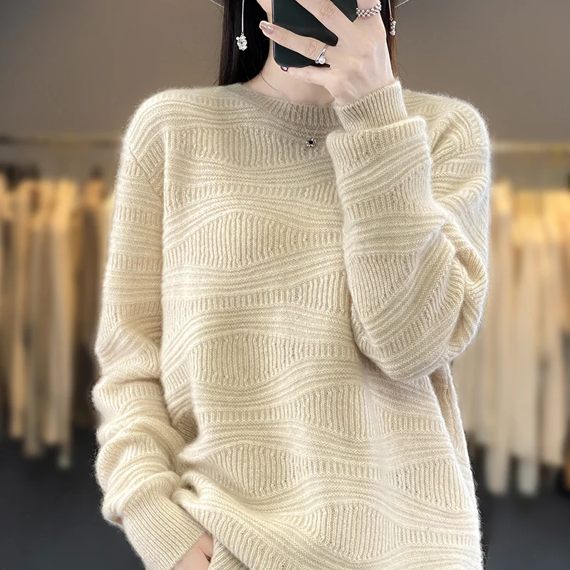 

100% Pure Wool Sweater Women's Knitted Loose O-Neck Long Sleeve Pullover New Product Autumn and Winter Women's Wool Sweater Soli