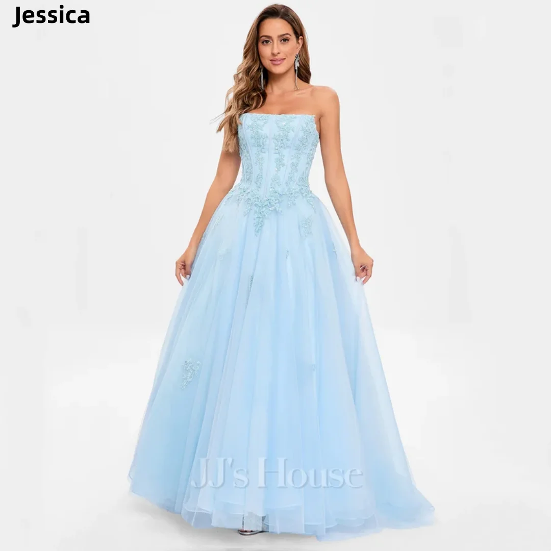 Jessica Light Blue Prom Dresses Embroidered Lace Tulle Wedding Dress Sexy Off-shoulder Elegant Robes De Soirée Customized 2025