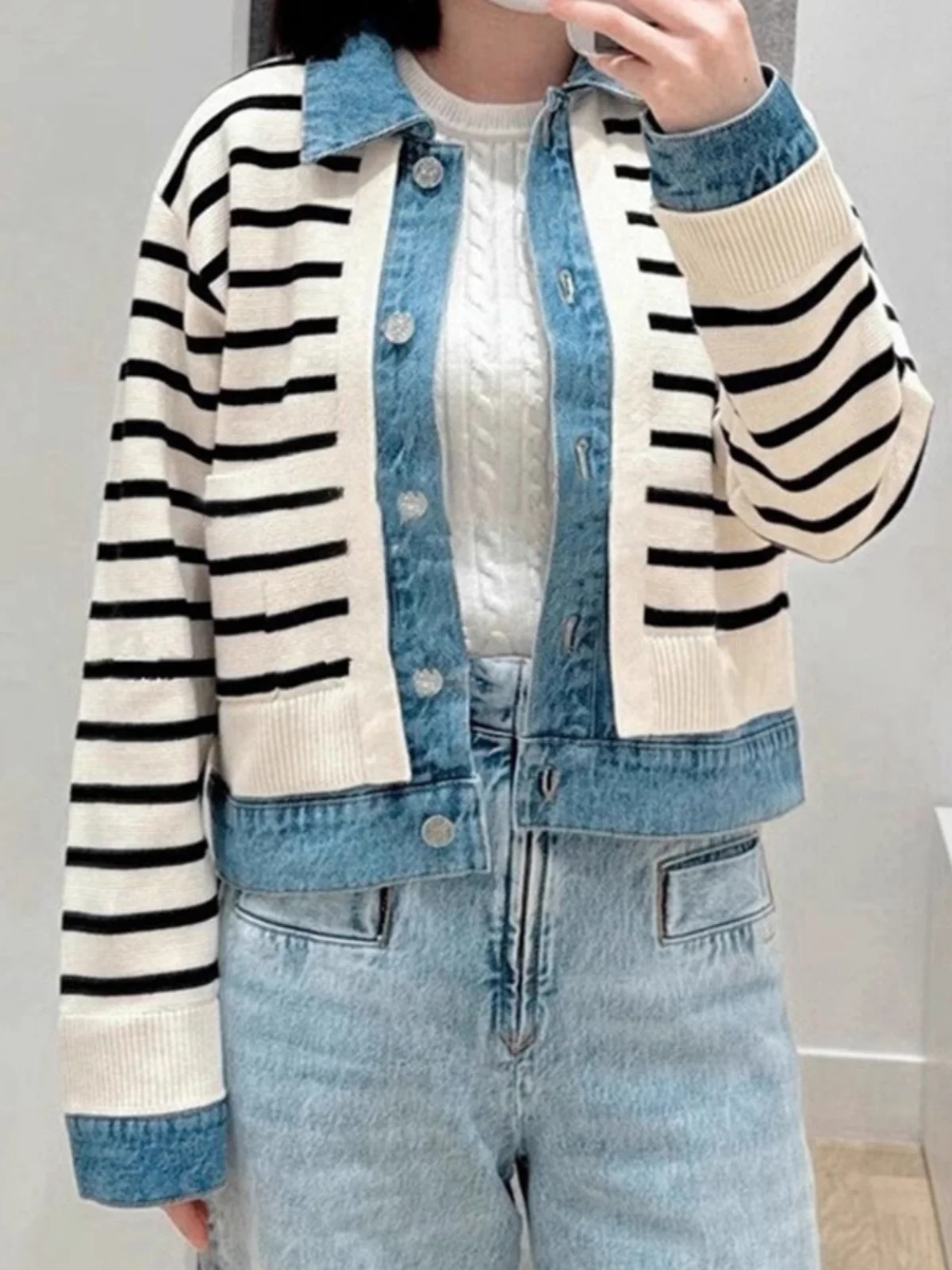 

Женский модный кардиган Quali S Home Spring College с воротником, в стиле пэчворк, из денима, с полосатой вязаной отделкой, открытый, верхняя одежда