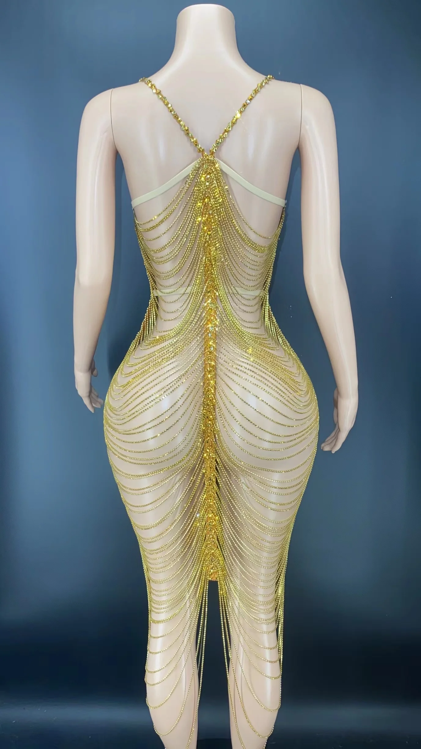 เซ็กซี่ทองเวทีคริสตัลโซ่เครื่องแต่งกาย Hollow Rhinestones ชุดราตรีวันเกิดฉลองแต่งงานพรหมชุดเดรสปาร์ตี้