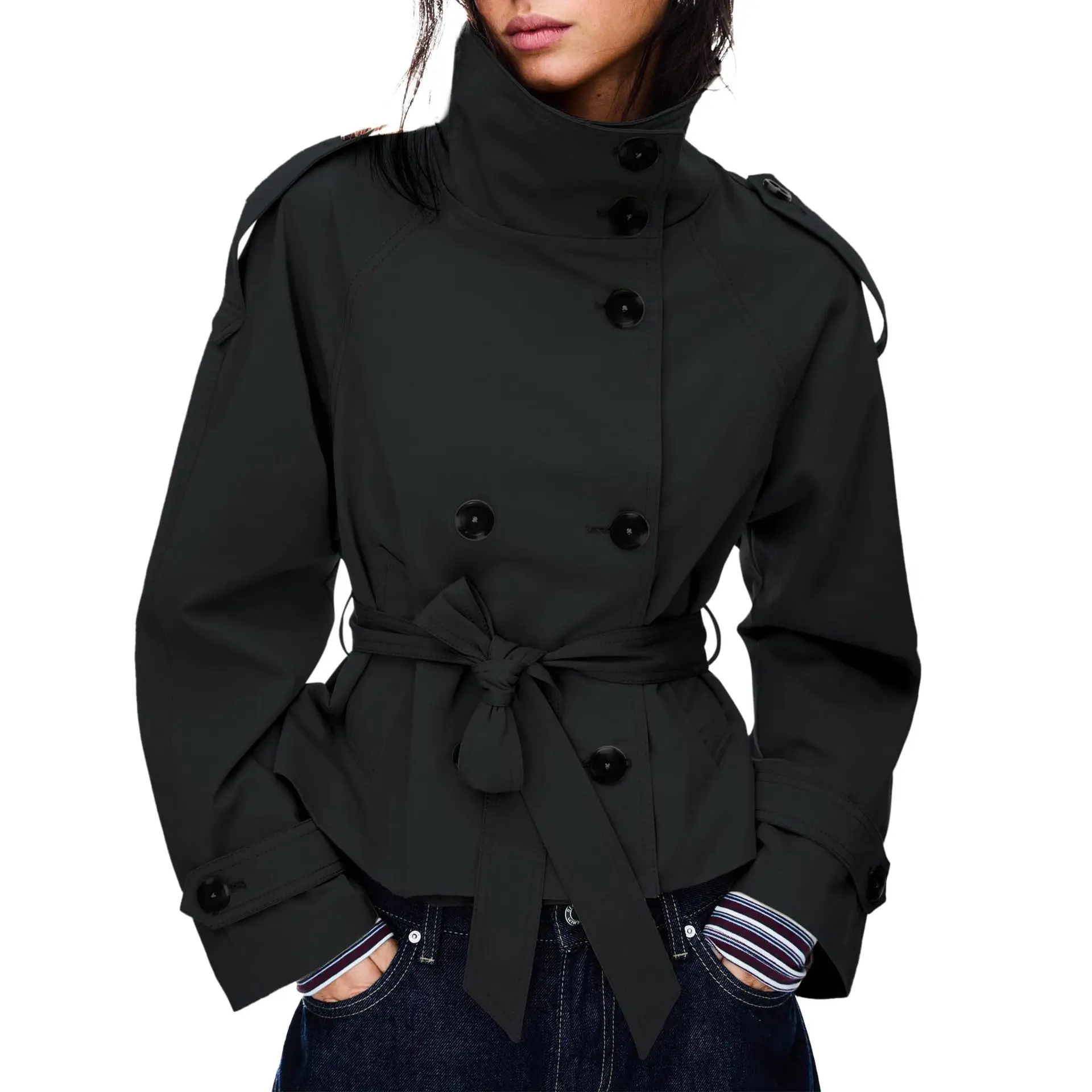 New Women's Solid Color Trench Coat Stand Collar Double Breasted Waist Tie Elegant Commuter Casual Loose Comfortable Warm Outfit