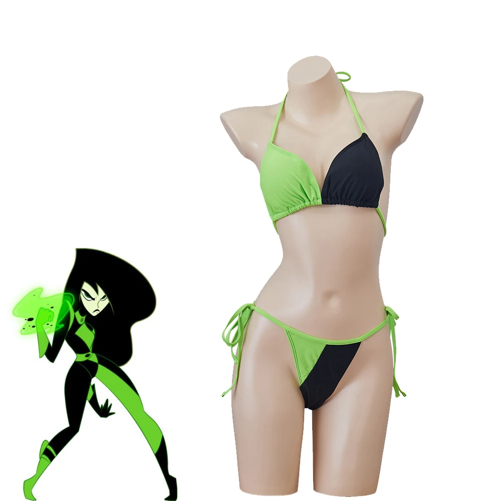 

Shego Cosplay Costume Adult Women's Sexy Green Bra Swimsuit Set Uniform Halloween Carnival Party Swimwear