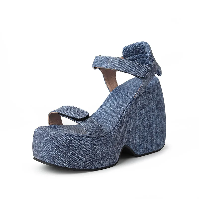 Sandálias jeans de salto alto para mulheres, sapatos de festa diários, tamanho grande 43, gancho e laço, moda feminina, verão 2024
