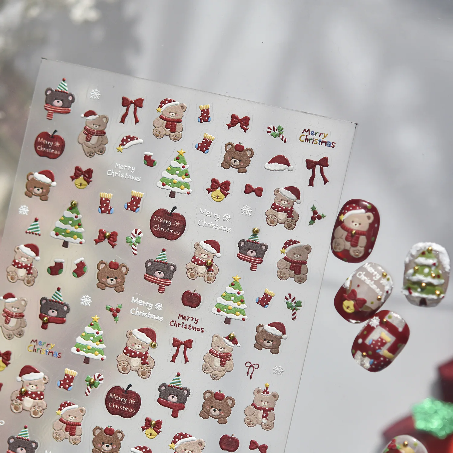 Cute Xmas Nail Art Sticker 5D Snowman Kitten Snow Globe Gift Box Cherry Gingerbread Tree Heart Cute Winter Christmas Nail Decor