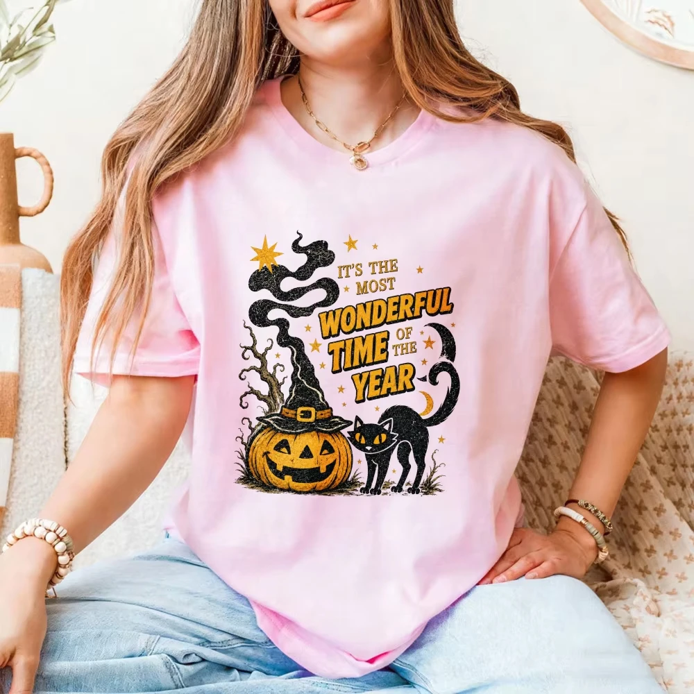 Vintage Halloween Cotton Shirt Most Wonderful Time of the Year Unisex Tee Retro Black Cat Pumpkin Witch Shirt Spooky Season Tees