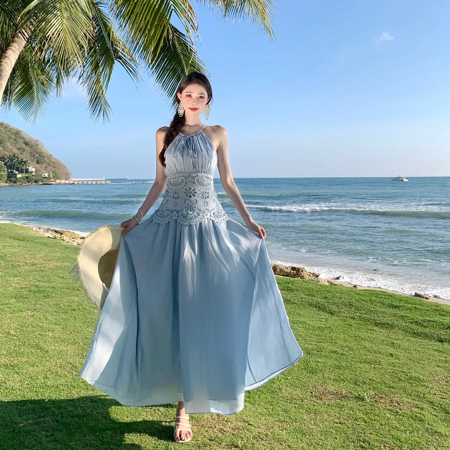 

Runway New Summer Blue Lace Patchwork Slim Waist Dress Women Neck-Mounted Sleeveless Off Shoulder Holiday Party Midi Dress