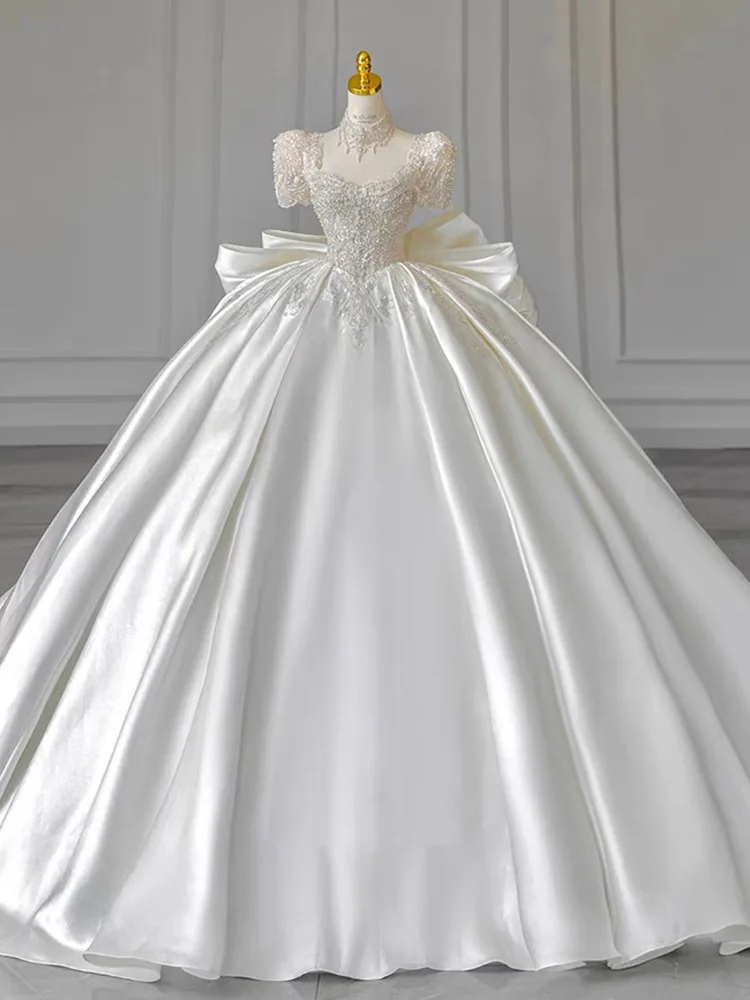 White Ball Gown Women Wedding Dresses Satin Sequins With Bow Bridal Gowns Formal robe de mariée