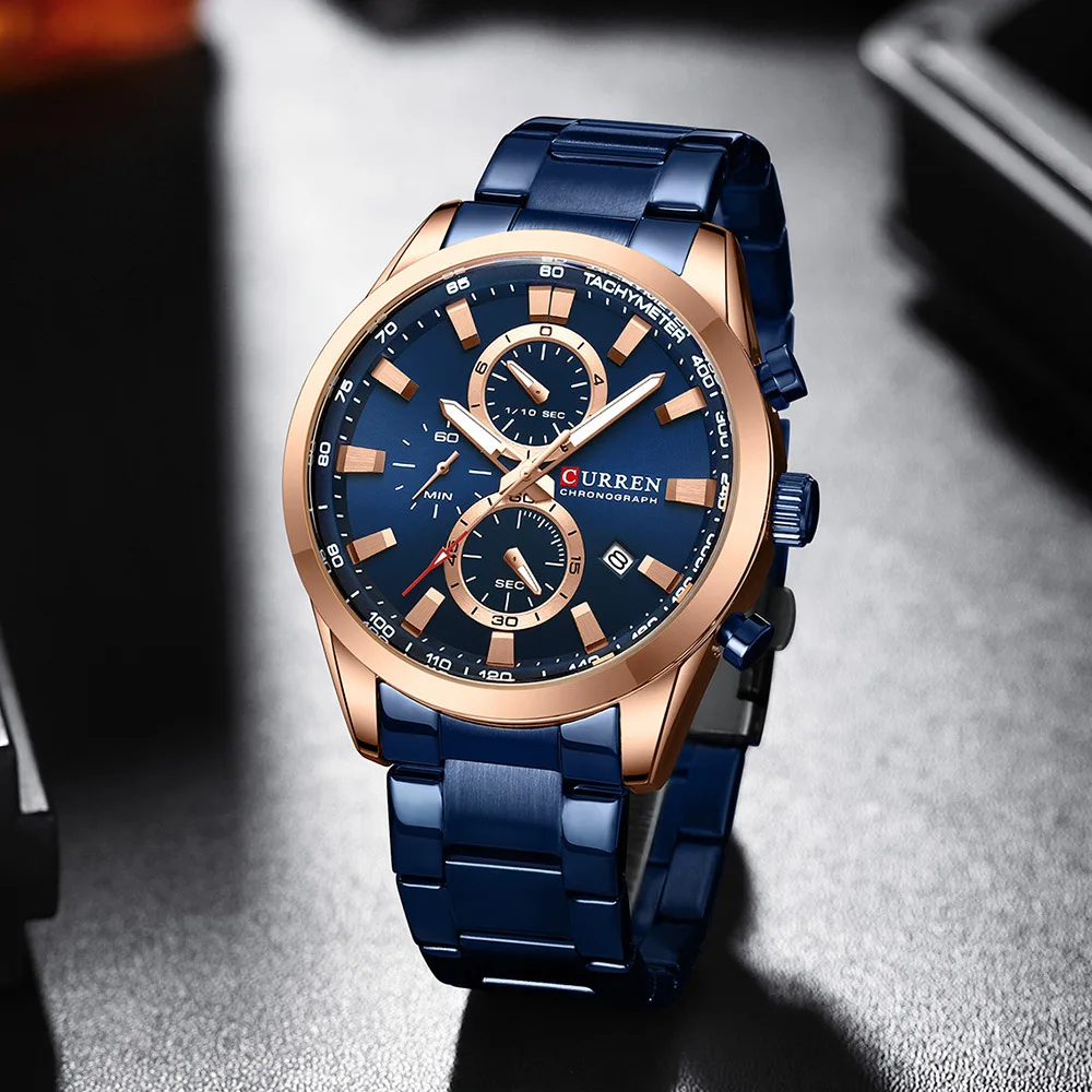 CURREN-Relógio quartzo masculino com pulseira de aço inoxidável, calendário luminoso, cronógrafo impermeável, marca de luxo