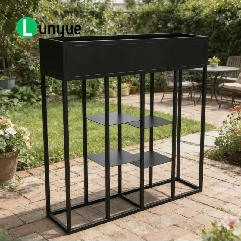 Black Wrought Iron Partition Flower Stand with Planting Box Storage Screen Divider for Home Garden Office Decor Space Saving