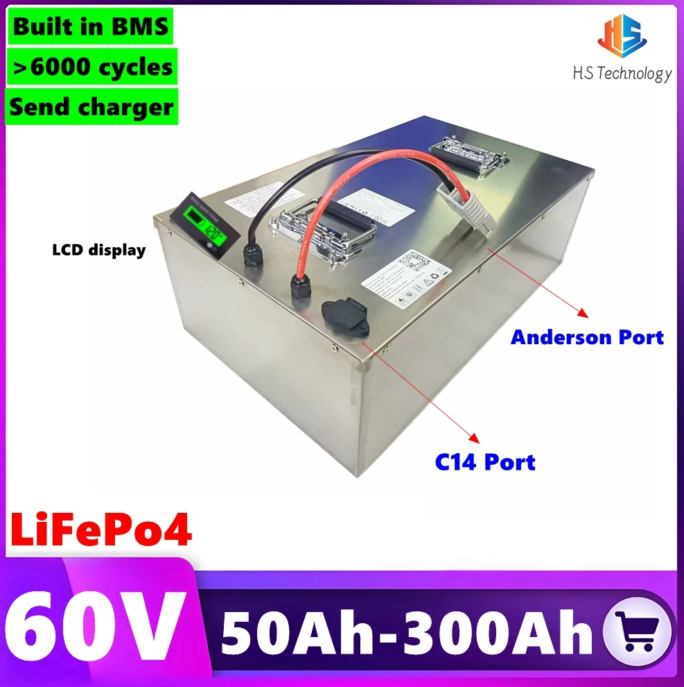 

HS LiFePo4 60V 50Ah 80Ah 100Ah 150Ah 200Ah 300Ah lithium Battery for Scooter Tricycle Motorcycle,EVForklift,Go Car,golf cart,AGV