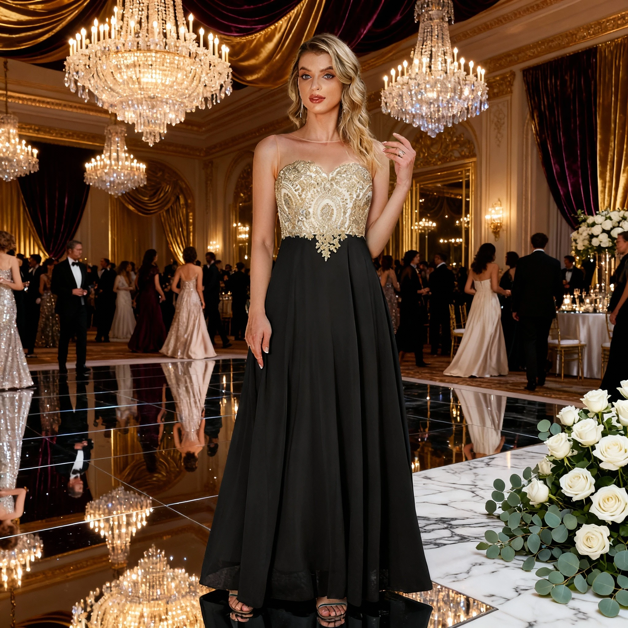 

BABYONLINE Glamorous Evening Dresses Gowns: Gold Embroidered Illusion Strapless Top & Flowy Black Skirt for Formal Events CPS620