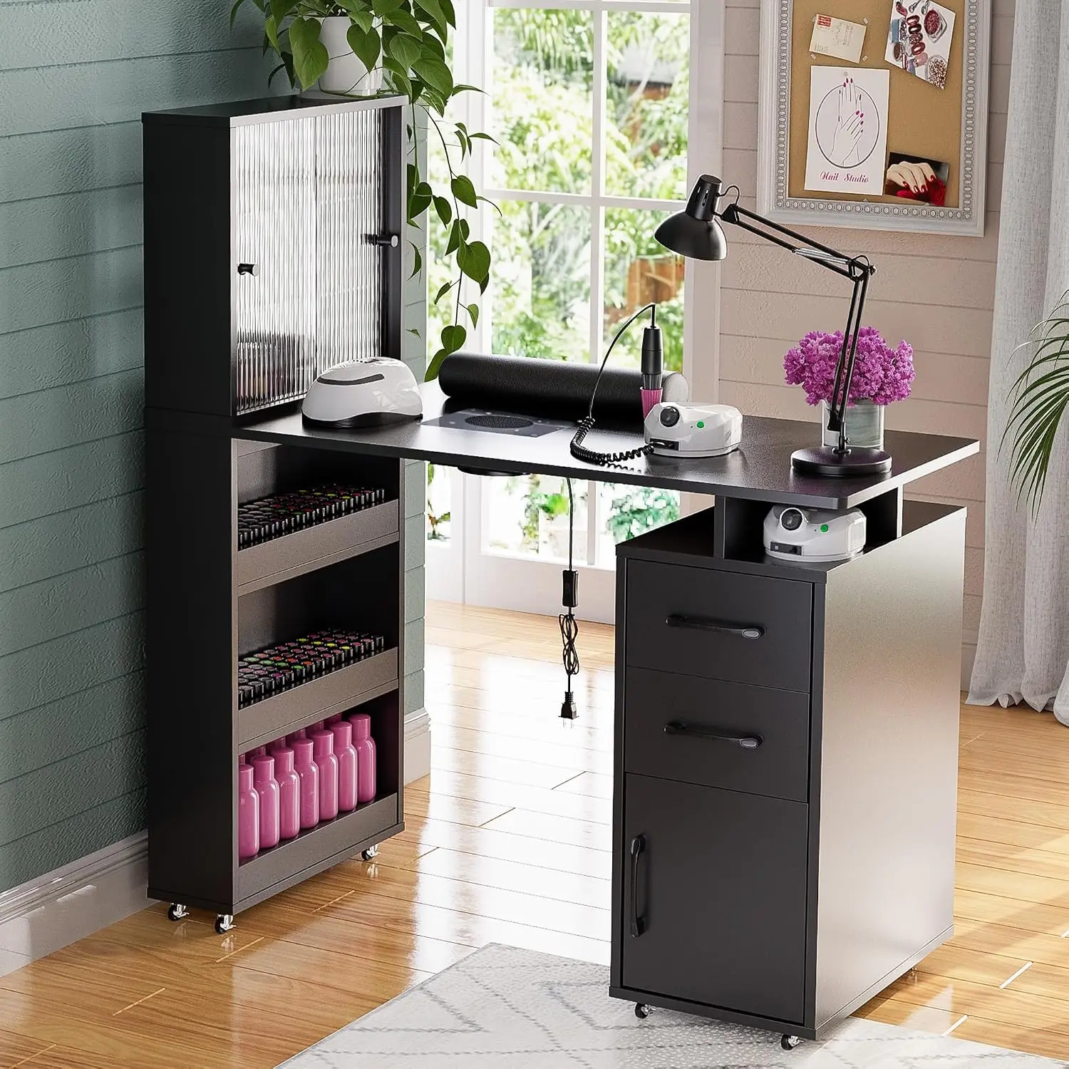 Manicure Table Nail Desk w/Glass Door Storage Cabinets & Wrist Rest, Beauty Salon Workstation, Acetone Resistant, with Dust
