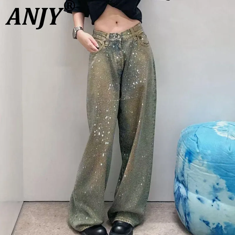 

ANJY Spring Autumn New Women Fashion Full Diamonds Studded Sparkling Elegant Jeans High-End Loose Slimming Wide Leg Pants A17892
