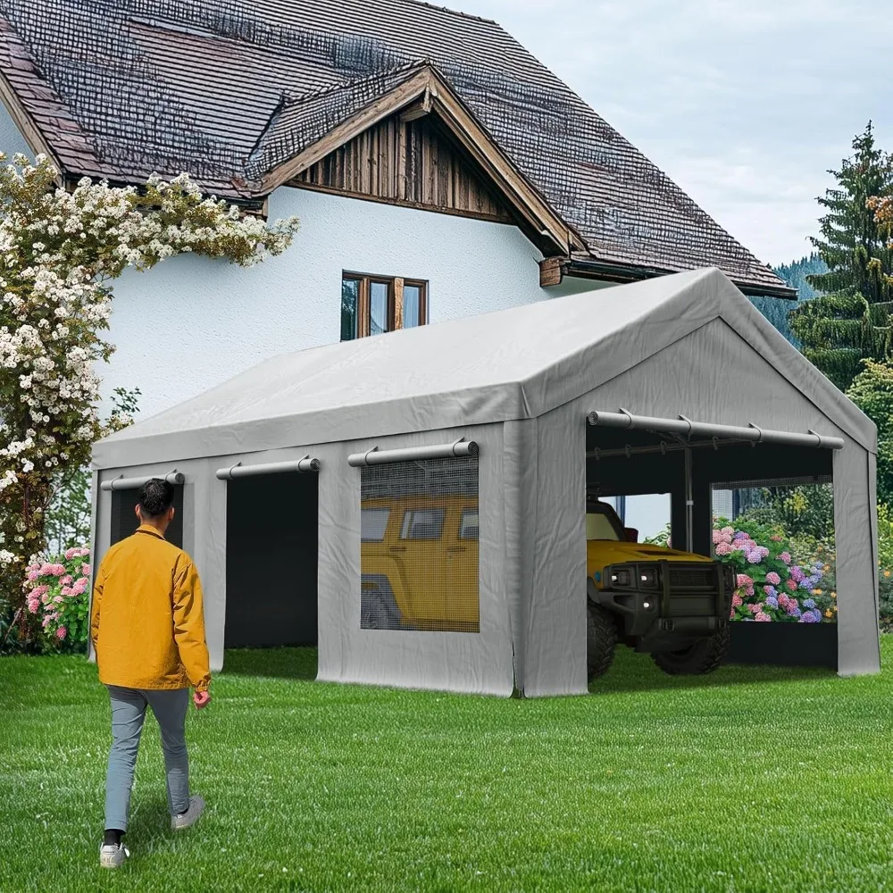 

Heavy Duty 12x20 ft Carports with Side Zipper Doors & Snowproof Steel Cables & Ventilated Windows, Waterproof, Customized