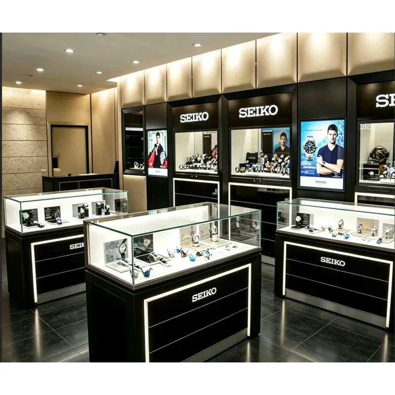 custom.Luxury Watch Display Cabinet High End Black Glass Showcase With LED Light Mall Watch Store Retail Display Furniture