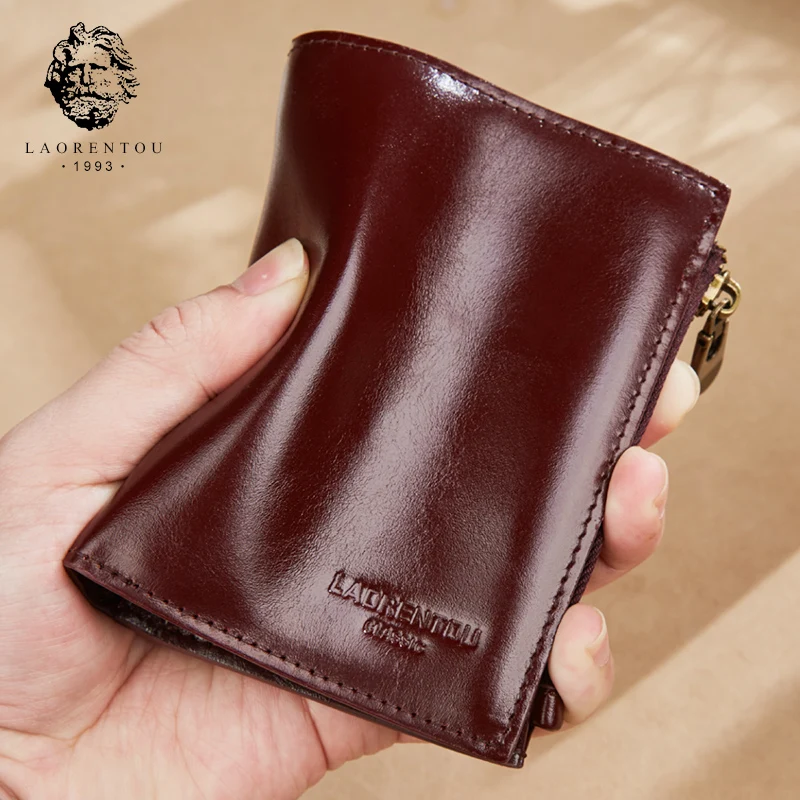 LAORENTOU-tarjetero de cuero auténtico estilo británico para hombre, billetera corta para chico, porta licencia de conducir, monedero pequeño Retro RFID