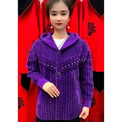 Mother Autumn Winter New Imitation Mink Velvet Coat Female Hooded Outwear Cardigan Middle-Aged Elderly Women Jacket Woolen Tops