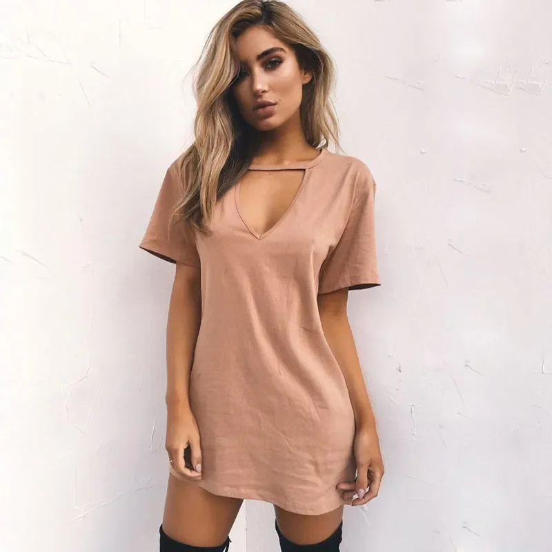 Summer Dress Women Sexy Casual Solid Short Sleeve V-neck Dresses Boho Beach Dress Party Dress