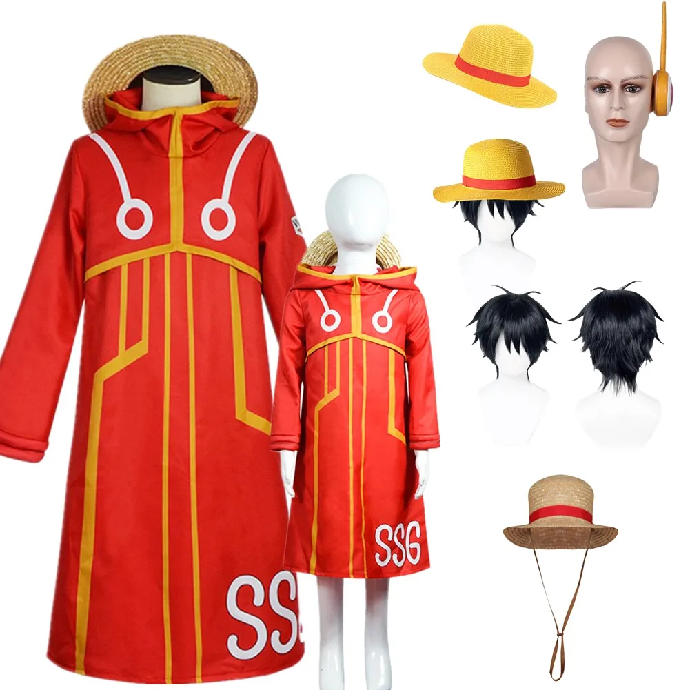 Luffy Cosplay Costume pour adultes et enfants, manteau, gants, tenues de jeu de rôle masculin, chapeau, perruque, cache-oreilles, Halloween, fête de carnaval, déguisement imbibé