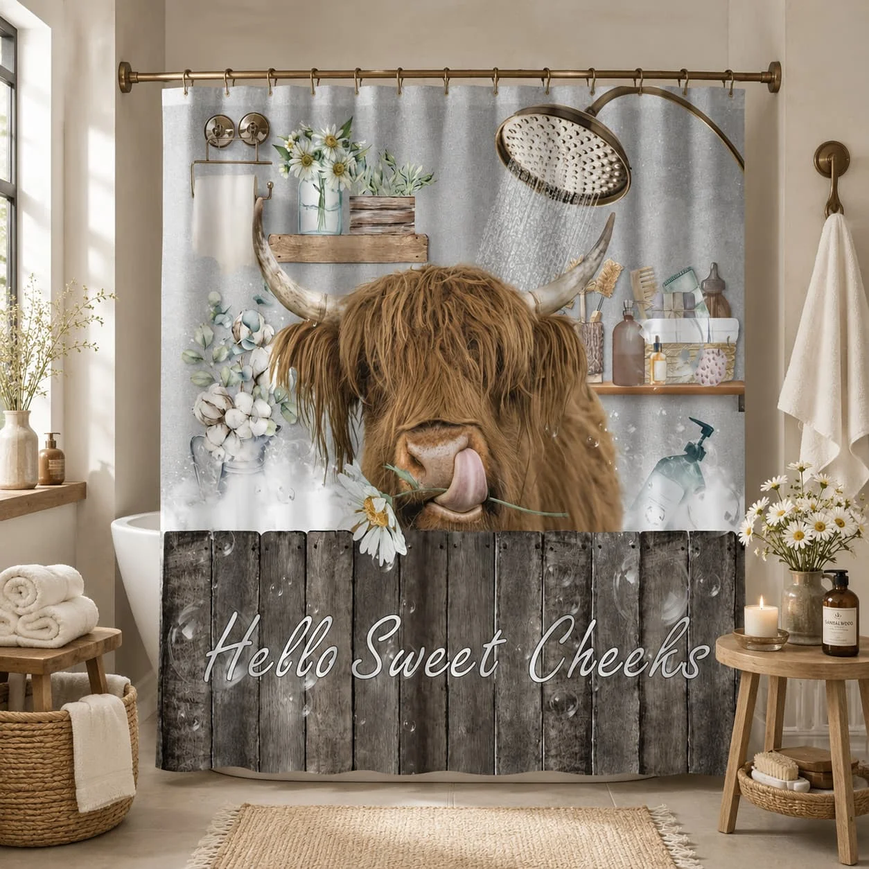 2D Flat, 2D Flat, 2D Flat Shower Curtain 1pc, Farmhouse Highland Cow Shower Curtain, Polyester Comfortable Fabric, Multi-Size Options, Bathroom Renovation, Creating Relaxing Healing Space, Creating Tranquil Healing Atmosphere