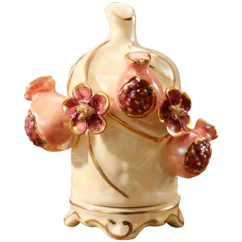 Lidded Ceramic Toothpick Storage Jar 3D Pomegranate Gold Emboss Decor Pearlescent Glaze Tabletop Cotton Swab Container