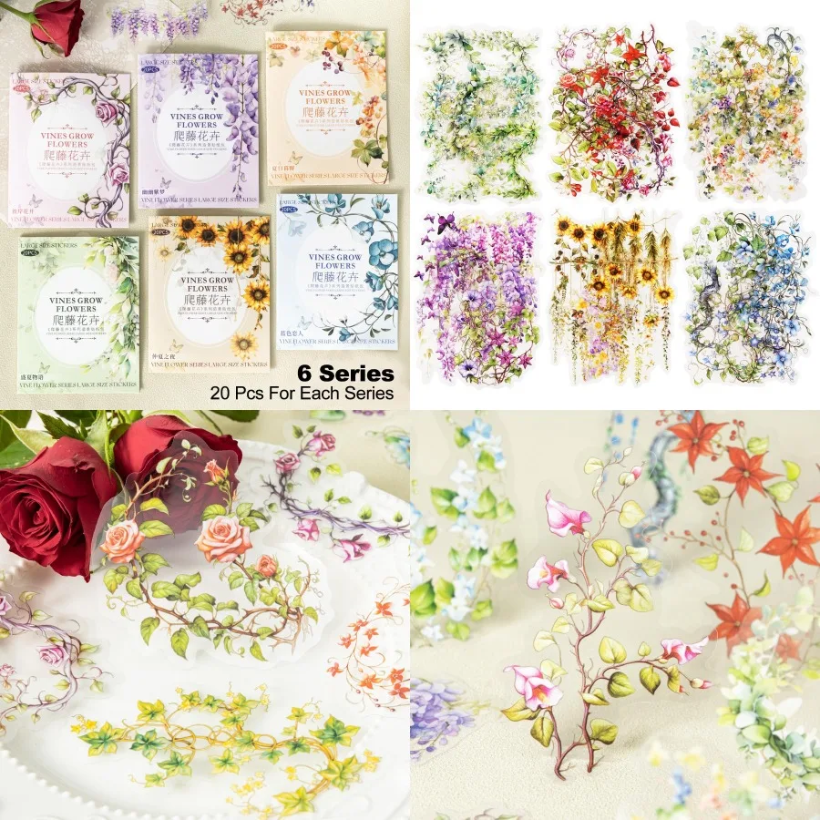 

Floral Vine PET Stickers 120 Pcs Large Botanical Ephemera for Scrapbooking Journaling DIY Crafting and Art Supplies - Perfect f
