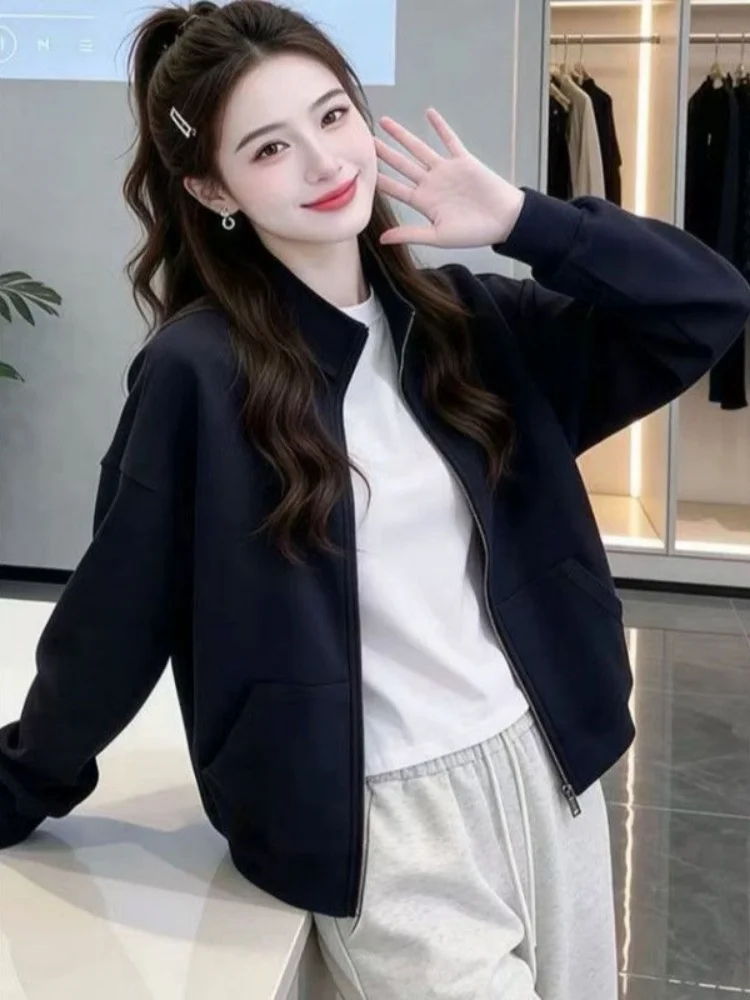 Casual Loose Fit Zipper Cardigan Pure Color Sweatshirt Women's Versatile Short Outerwear Comfortable Breathable Regular Sleeve