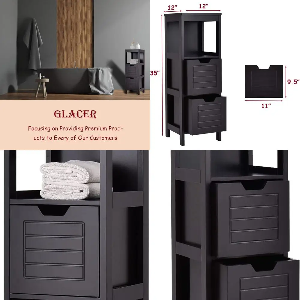 

Black Wooden 2-Drawer Storage Cabinet, 12x12x35 Inches, Ideal for Bathroom and Living Room