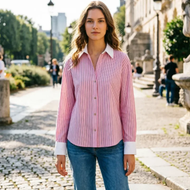 

Новая модная розовая рубашка из поплина в полоску для повседневной носки, коллекция Весна 2026